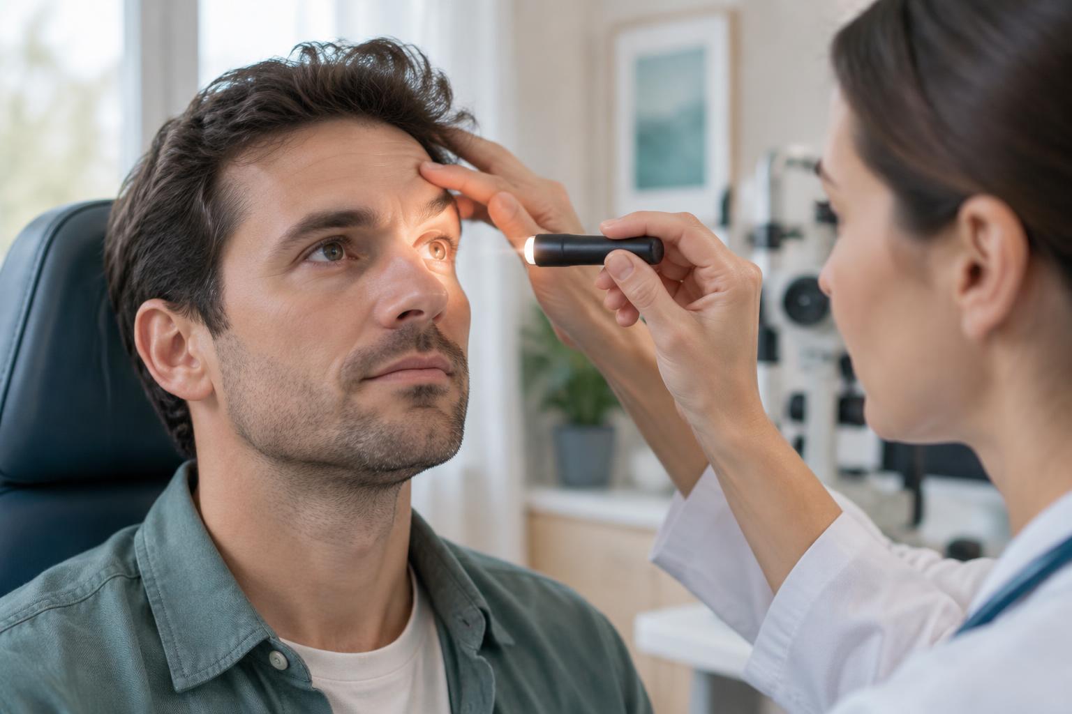 Clinician examining a patient's mildly red eye with a penlight during an after-hours eye exam