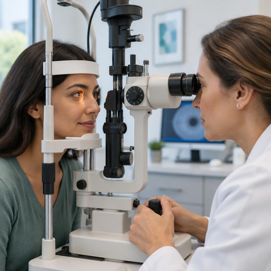 Eye doctor examining a patient with a slit lamp